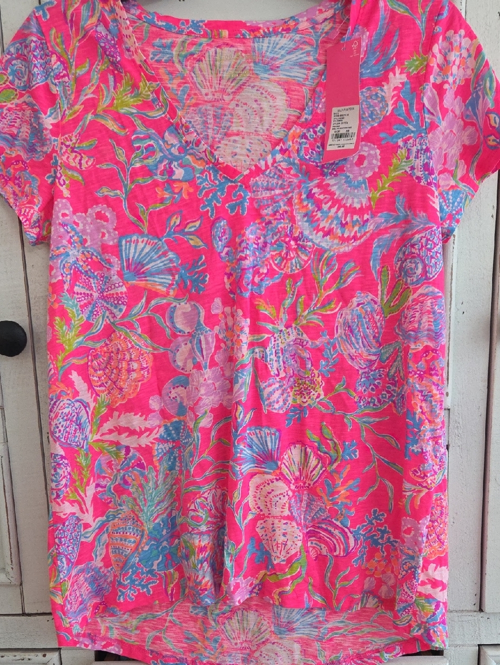 Lilly Pulitzer Hot Pink Shell & Coral Print V-Neck Tee